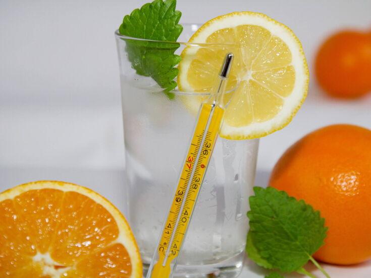 Thermometer lehnt an Glas mit Orangen und Minze