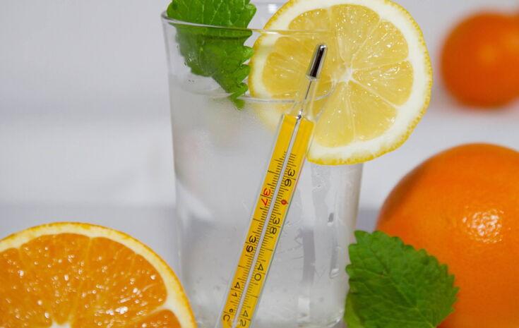 Thermometer lehnt an Glas mit Orangen und Minze