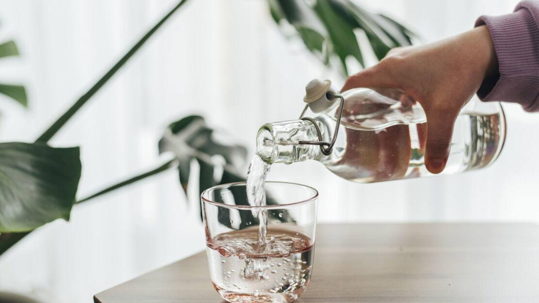 Eine Hand gießt klares Wasser aus einer Glasflasche in ein Glas auf einem Tisch, im Hintergrund sind grüne Blätter einer Zimmerpflanze zu sehen.